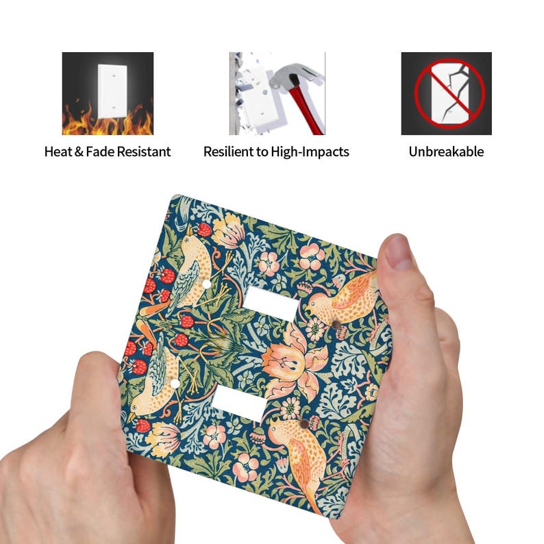 Puede incluir: Una cubierta decorativa para interruptor de luz con un dise&ntilde;o floral y de p&aacute;jaros en tonos azules, verdes, naranjas y rojos. La cubierta tiene dos aberturas para interruptor y la sostiene una persona. El texto en la imagen dice: Resistente al calor y a la decoloraci&oacute;n, Resistente a los impactos, Irrompible.