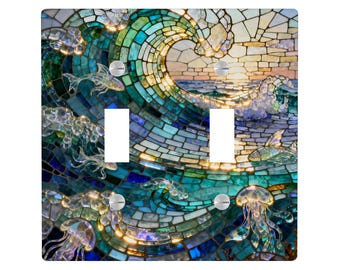 Stained Glass Beach Wave Light Switch Cover, Lighting Power Plate Outlet Panel, Tropical Ocean Mosaic Modern Art Unique Wall Home Decor