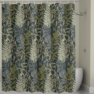 Green Wildflower Shower Curtain, Nature Hippie Leafy Cottagecore Bathroom Accessory, Boho Witchy Home Decor