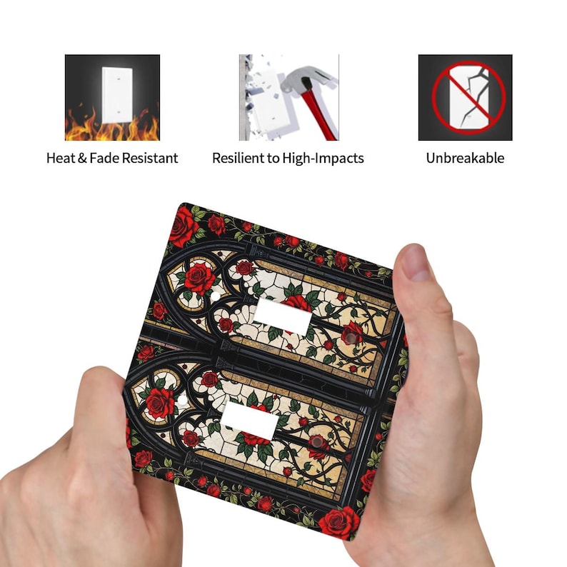 May include: A decorative light switch cover featuring a stained glass design with red roses and green leaves. The cover has two switch openings and is black with a floral pattern. The image also shows icons with the text: Heat & Fade Resistant, Resilient to High-Impacts, and Unbreakable.