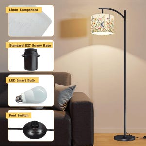 Puede incluir: Una l&aacute;mpara de pie negra con forma de arco y una pantalla con estampado floral. La l&aacute;mpara incluye un interruptor de pie, una bombilla LED inteligente y una base de rosca E27 est&aacute;ndar. La pantalla es blanca con un dise&ntilde;o floral colorido.