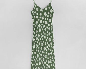 Green Daisy Wildflower Womens Long Maxi Dress, Summer Dress, Bohemian Fashion, Nature Hippie Clothing, Fairycore Spaghetti Strap Long Dress