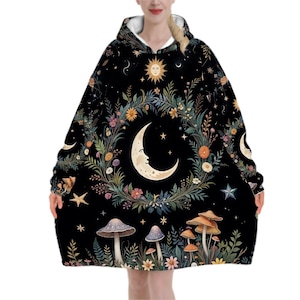 Mystical Moon Mushroom Blanket Hoodie, Witchy Black Wildflower Hooded Jumper