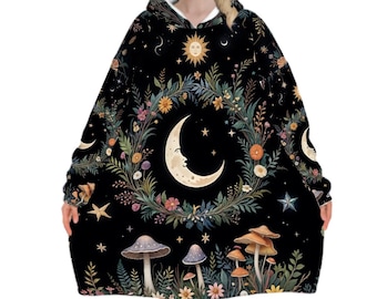 Mystical Moon Mushroom Blanket Hoodie, Witchy Black Wildflower Hooded Jumper