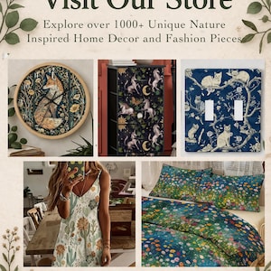 May include: An advertisement featuring home decor and fashion pieces. The image includes a clock with a fox design, a cabinet with unicorns, a light switch cover with cats, a dress with cacti, and bedding with flowers. The text reads "Visit Our Store".