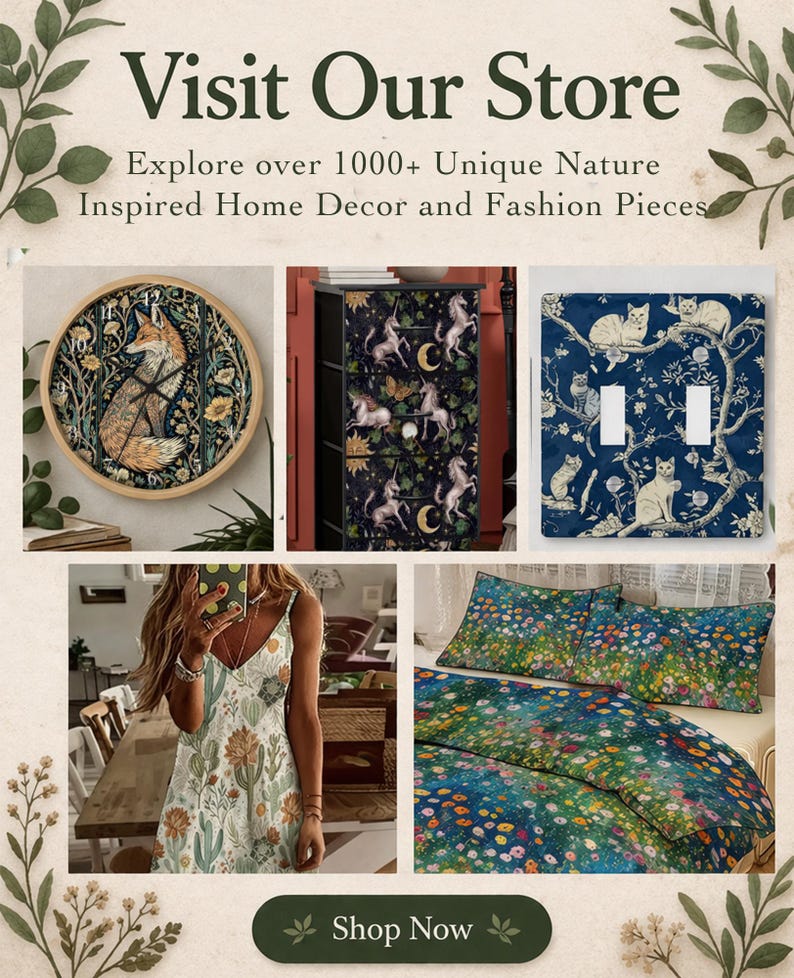 May include: An advertisement featuring home decor and fashion pieces. The image includes a clock with a fox design, a cabinet with unicorns, a light switch cover with cats, a dress with cacti, and bedding with flowers. The text reads "Visit Our Store".