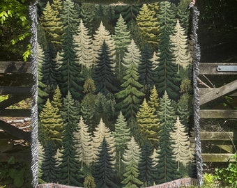Green Tree Forest Throw Blanket, Witchy Fringe Picnic Blanket, Nature Cottagecore Ultra Soft Flannel Throw, Hippie Bedroom Lounge Home Decor