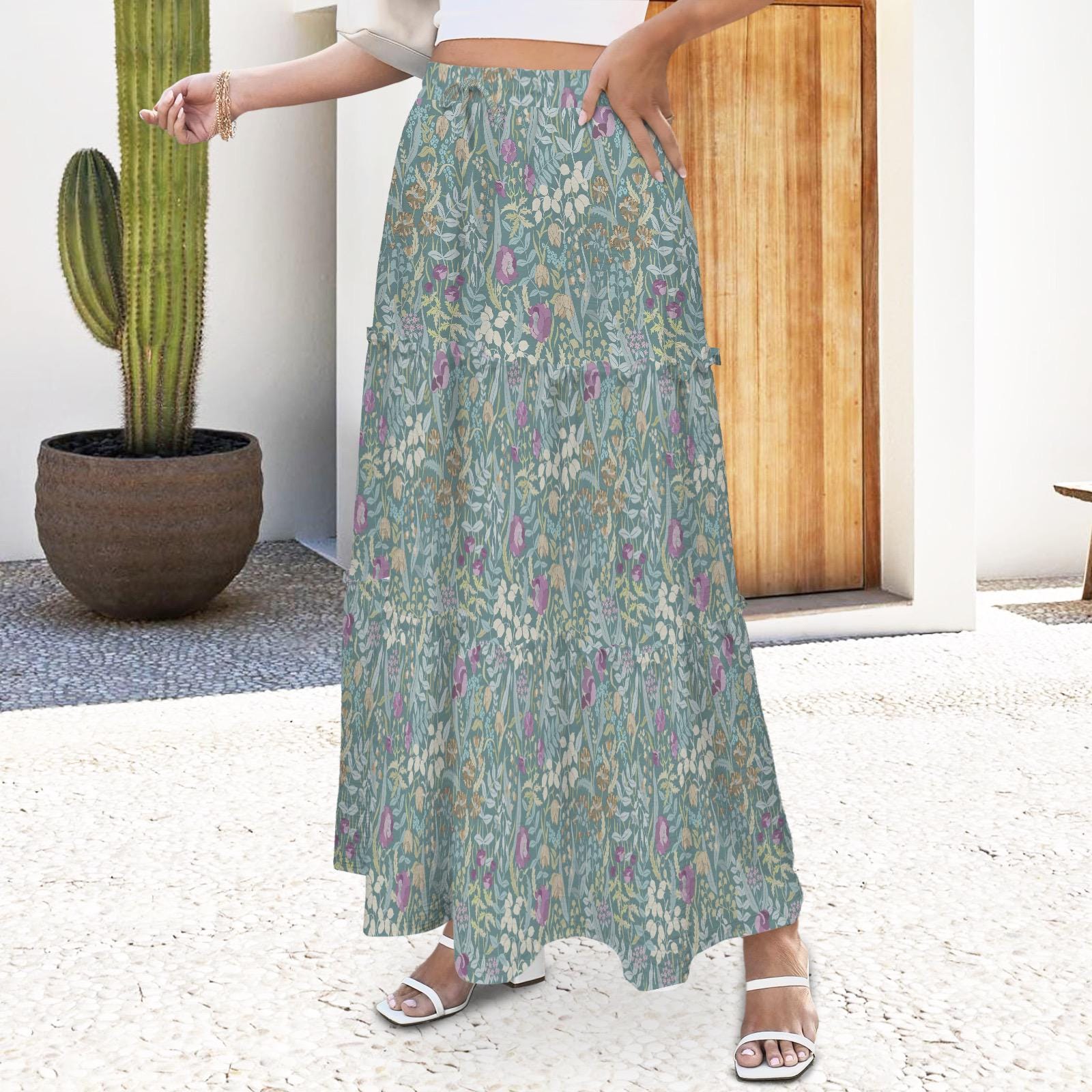 Green Wildflower Long Tiered Layered Maxi Skirt, Farmhouse Botanical Womens Clothing, Flowy Skirt, Witchy Fashion