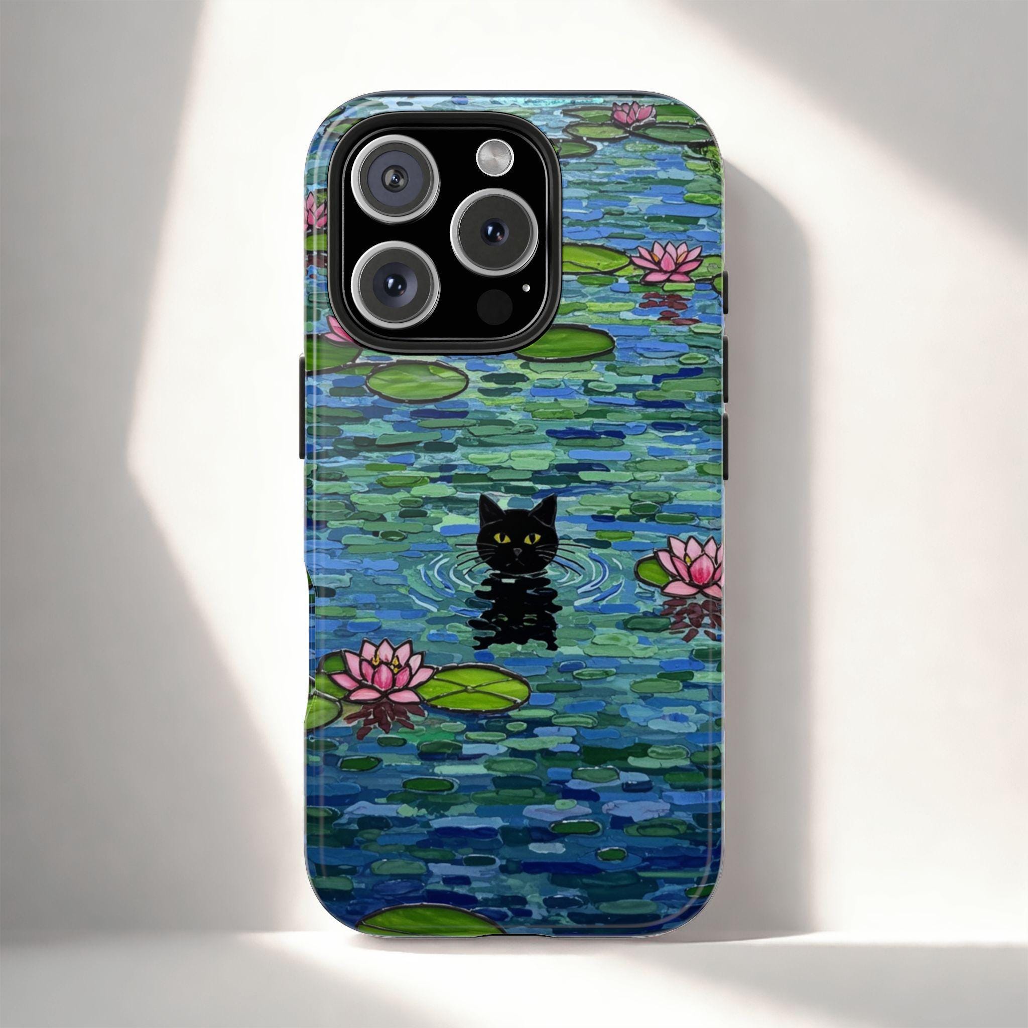 Black Cat Monet Stained Glass Phone Case, Cute Waterlily Phone Case, Funny Mosaic Shock Proof Cover for iPhone 16 15 14 13 12 Samsung Galaxy