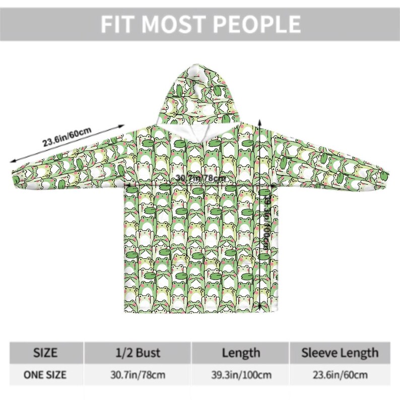 May include: One-size hooded blanket with a repeating pattern of green frogs on a white background. The blanket has a hood and long sleeves. The sleeve length is 23.6 inches (60cm), the bust is 30.7 inches (78cm), and the length is 39.3 inches (100cm).