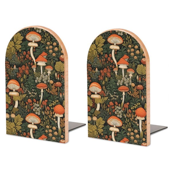 Wild Mushrooms Forest Bookends, Cottagecore Witchy Home Decor, Botanical Nature Bookish Accessory Gift