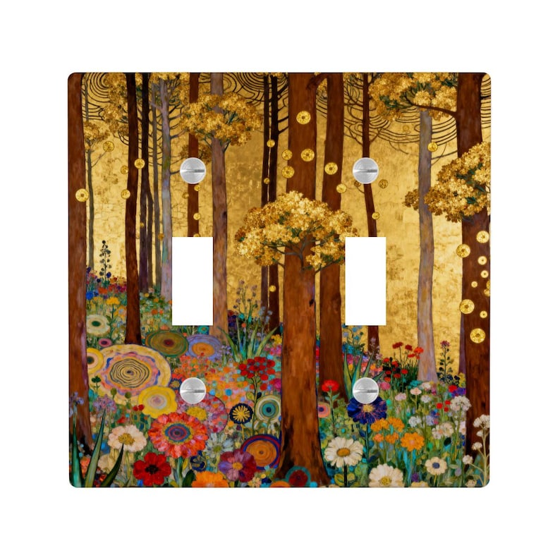 May include: A decorative double light switch cover featuring a colorful forest scene. The artwork depicts tall brown trees with golden foliage and a vibrant array of wildflowers in shades of red, yellow, blue, and white. The background is a shimmering gold.