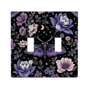 Purple Moth Wildflower Light Switch Cover, Black Butterfly Moody Botanical Lighting Power Plate Outlet Panel, Witchy Unique Wall Home Decor