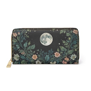 Vollmond Wildblumen Geldbörse mit Reißverschluss, grünes Cottagecore niedliche Blumen Damen Geldbörse, Boho Accessoire ohne Grausamkeit