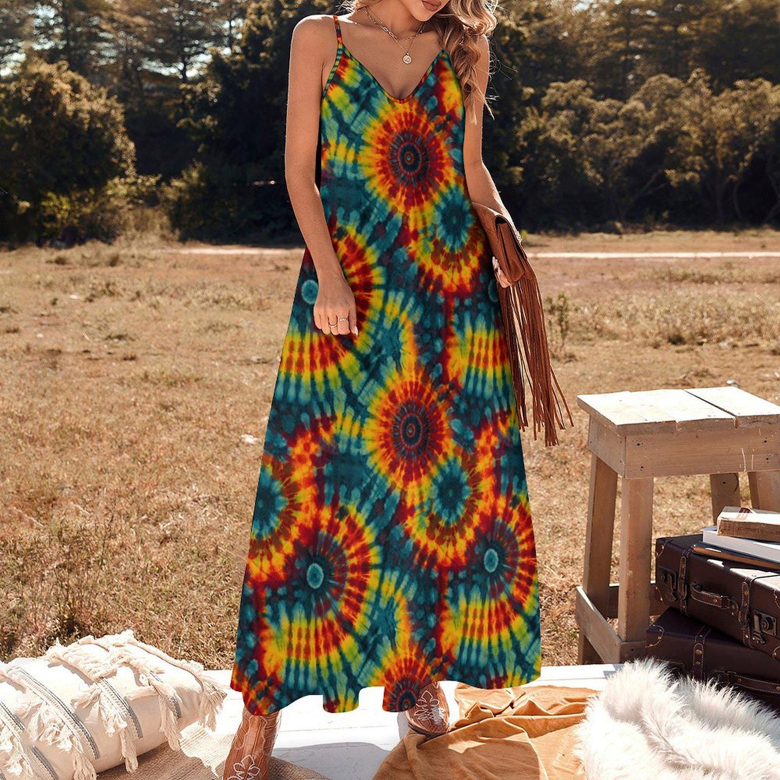 Boho Rainbow Tie Dye Pattern Womens Long Maxi Dress, Summer Dress, Bohemian Fashion, Hippie Clothing, Spaghetti Strap Long Dress Boho Rainbow Tie Dye Pattern Womens Long Maxi Dress, Summer Dress, Bohemian Fashion, Hippie Clothing, Spaghetti Strap Long Dress