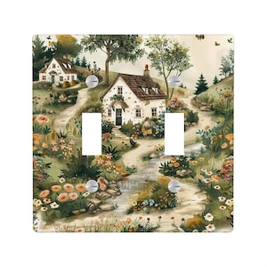 Cottage House Light Switch Cover, Green Lighting Power Plate Outlet Panel, Farm Art Nouveau Mid Century Modern Art Toile Wall Home Decor