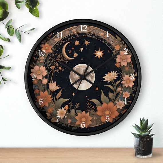 Moon Wildflower Wall Clock, Orange Fall Cottagecore Floral Kitchen