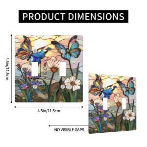 Puede incluir: Cubiertas decorativas para interruptores con un dise&ntilde;o de vidrieras que representan mariposas, flores y una puesta de sol. Las cubiertas miden 11,5 cm cuadrados. La imagen incluye el texto "PRODUCT DIMENSIONS".
