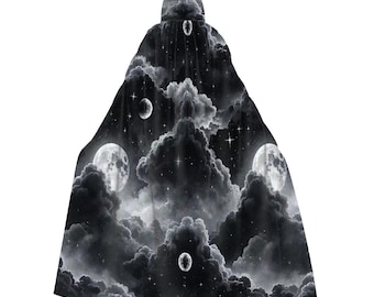 Night Sky Hooded Cloak Robe, Celestial Full Moon Space Witchy Hooded Long Jumper, Gothic Cottagecore Fashion