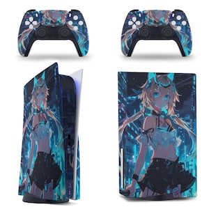 May include: A gaming console and two controllers feature a vibrant anime-style design. The controllers have a blue and white cityscape pattern. The console displays a full-body anime character in a futuristic city setting, with blue and black accents.