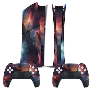 May include: A gaming console and two controllers feature a nebula design with shades of purple, orange, and blue. The console is upright, and the controllers are positioned below. The design covers the console and controllers.