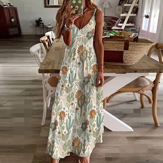 cactus maxi dress Western Cactus Bohemian Womens Long Maxi Dress, Summer Dress, Desert  Fashion, Nature Hippie Clothing, Yellow Spaghetti Strap Long Dress