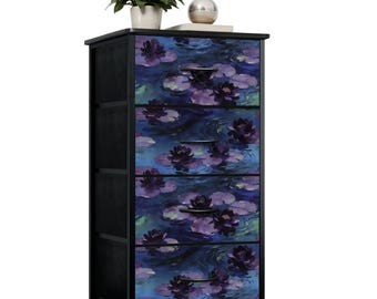 Midnight Monet Waterlily Painting Print 4 Drawer Dresser, Claude Cottagecore Art Furniture Home Decor, Purple Bedroom Bedside Table Storage