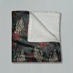 Black Skeleton Flowers Crushed Velvet Blanket, Spooky Halloween Gothic Throw Quilt, Kids Bedding, Rose Witchy Home Decor Gift