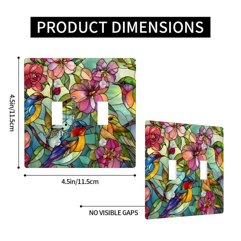 Puede incluir: Cubiertas de interruptores de luz decorativas con un dise&ntilde;o de vidrieras que representa p&aacute;jaros y flores. Las cubiertas miden 11,5 cm x 11,5 cm. El texto "PRODUCT DIMENSIONS" est&aacute; en la parte superior.
