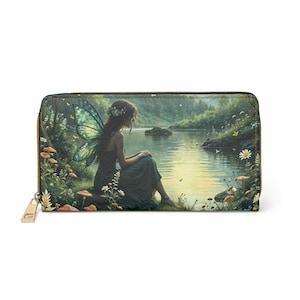 Green Fairy Fantasy Wallet with Zipper, Gothic Cottagecore Accessory, Hippie Boho Witchy Cute Womens Wallet Purse