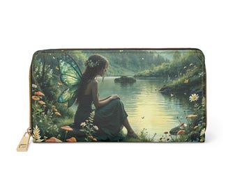 Green Fairy Fantasy Wallet with Zipper, Gothic Cottagecore Accessory, Hippie Boho Witchy Cute Womens Wallet Purse