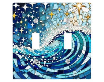 Blue Wave Stained Glass Print Light Switch Cover, Mosaic Stars Lighting Power Plate Outlet Panel, Ocean Nature Art Unique Wall Home Decor