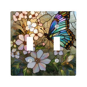 Butterfly Flower Stained Glass Art Light Switch Cover, Nature Mosaic Lighting Power Plate Outlet Panel, Landscape Modern Wall Home Decor