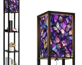 Estante de pantalla de lámpara de pie con forma de mariposa morada, estantería de libros de estilo brujo con mosaico turco, estantería de libros con iluminación de pie con vitrales góticos, vitrina