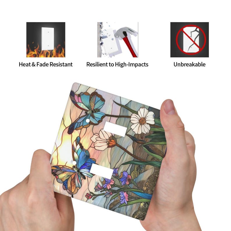 Puede incluir: Cubierta decorativa para interruptor de luz con dise&ntilde;o de vidriera con mariposas y flores. La cubierta tiene dos aberturas para interruptores y los textos "Heat & Fade Resistant", "Resilient to High-Impacts" y "Unbreakable".