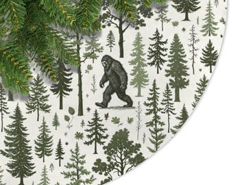 Falda para árbol de Navidad con diseño de bosque de Pie Grande, decoración navideña divertida, gótica, bruja y festiva con temática de la conspiración de Sasquatch