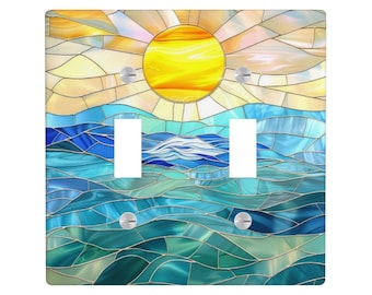 Ocean Sunset Stained Glass Art Light Switch Cover, Beach Ocean Mosaic Lighting Power Plate Outlet Panel, Landscape Unique Wall Home Decor