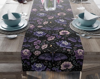 Camino de mesa con diseño de mariposa y polilla morada, mantel de algodón con diseño floral gótico de brujas de Dark Academia, decoraciones para el hogar de Celestial Cottagecore