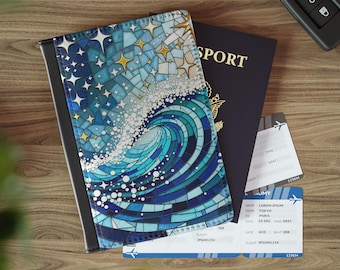 Mystic Wave Buntglas Passhalter, Mosaik Kunstwerk Passport Brieftasche, Kunstleder Passport Cover, Beach Ocean Reiseetui Geschenk für Sie