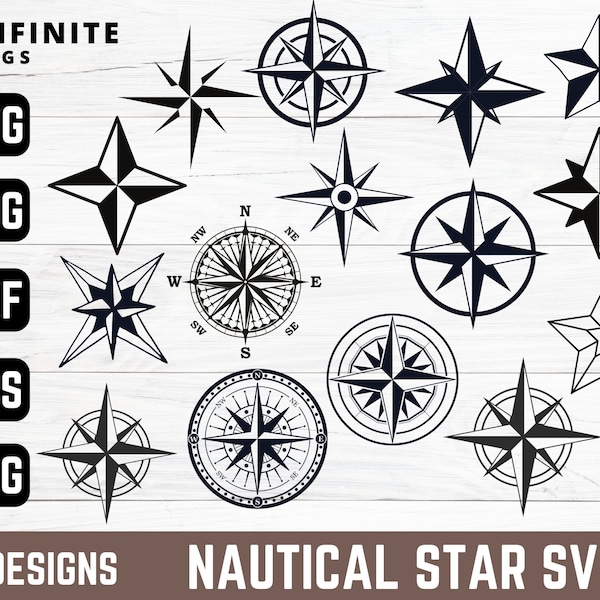 Nautical Star SVG | 15 Design | Compass Svg | Compass Rose Svg | Star Outline SVG | Silhouette | Rounded Star Cut Files | Instant Download