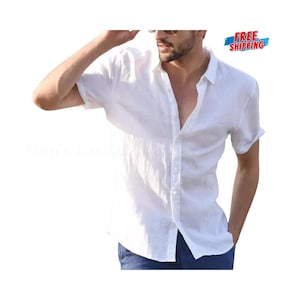 Men&#39;s Cotton Linen Short Sleeve Shirt: Vintage Lapel Summer Blouse