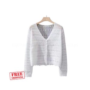 Cardigan Autumn Summer New, Women&#39;s Lightweight Hollow Out Jacket, Long Sleeve Short Cut Sun Protection Shawl Top