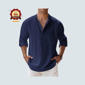 Men&#39;s Linen Cotton Blend Shirt: Mandarin Collar, Loose Fit