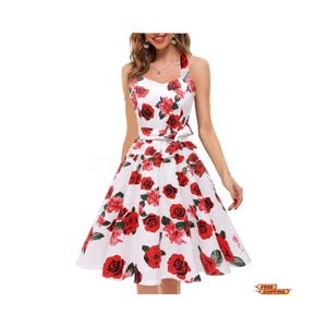 Vintage Polka Dot Halter Dress 1950s Audrey Retro Cocktail Dress For Women Rockabilly Style Party Dress With Flare Skirt