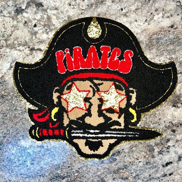 Large Pirates Mascot Chenille Patch with Gold Star Eyes Iron On for Sports Team (Patch Only)