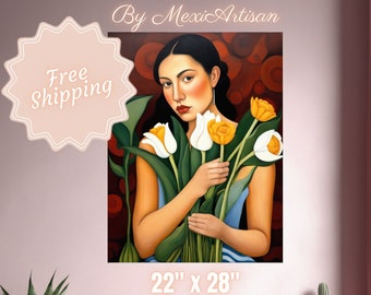 Latina Woman and Flowers Print| Mexican Bouquet Wall Art | Oil Painting | Wall art | MexiArtisan