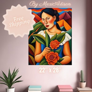 Vintage Oil Painting, Mexican Folk Art, Rose Flower Painting, Bohemian Wall Art, Rustic Mexican Botanical Decor