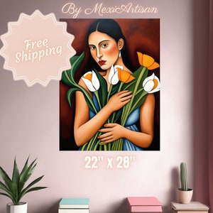 Mexican Woman and Flowers Print| Mexican Bouquet Wall Art | Oil Painting | Wall art | MexiArtisan