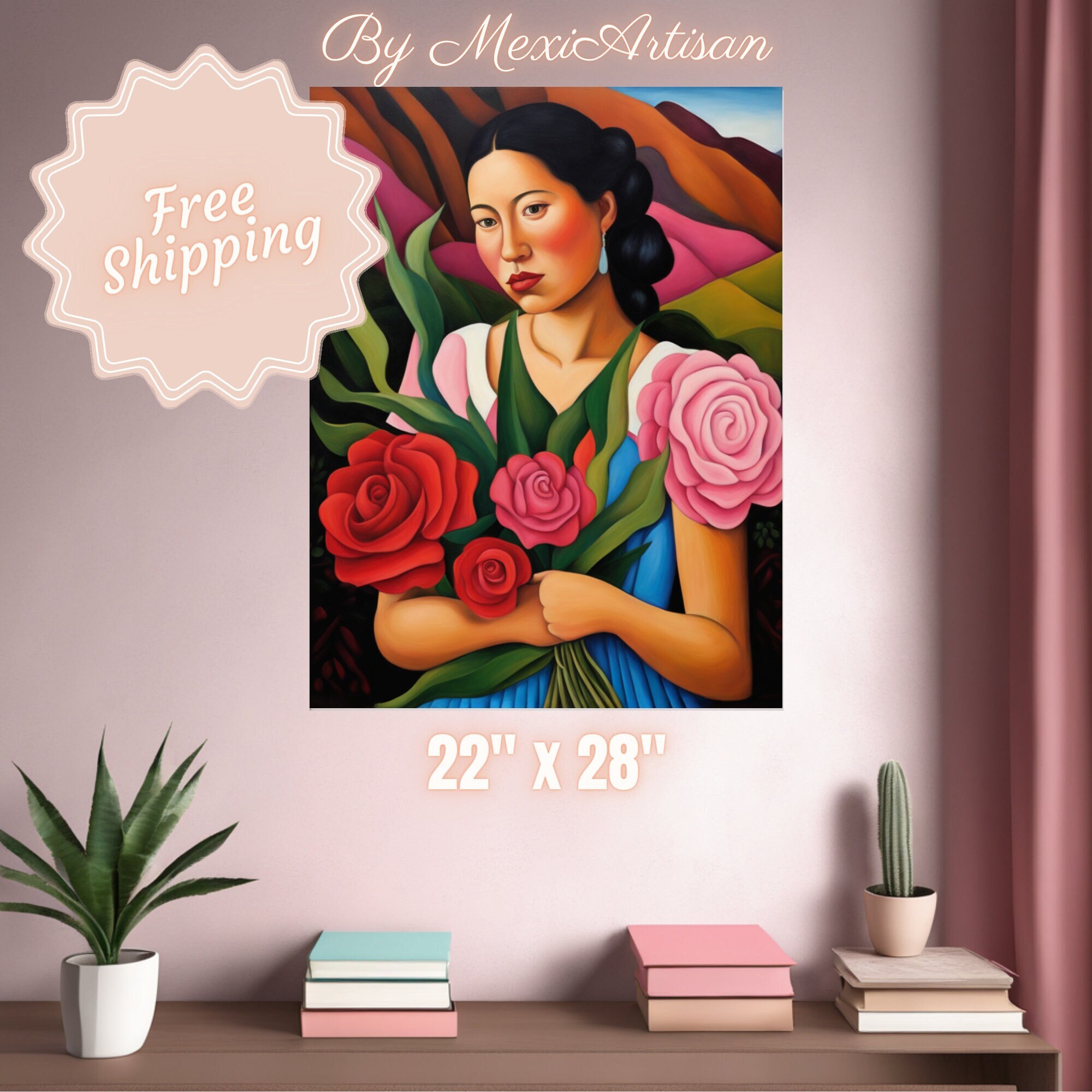 Latina Woman and Flowers Print| Mexican Bouquet Wall Art | Oil Painting | Wall art | MexiArtisan