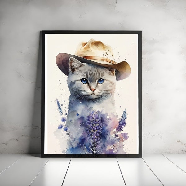 watercolor painting cat,  cat lover gift, cat wall art, floral cat wall art, retro cat wall art, cat art